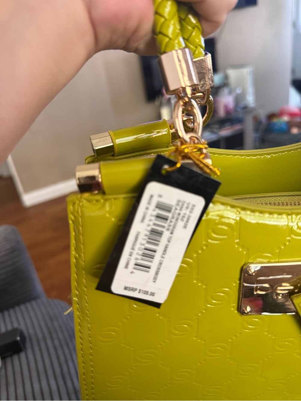 bebe lime patent braided-handle satchel with cardholder retail $109 fancy bag - Picture 10 of 12